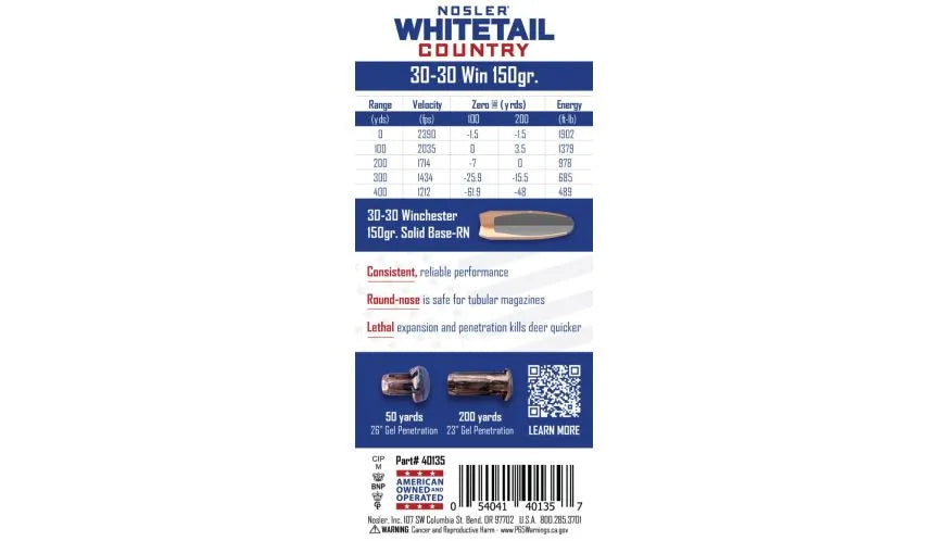 MUNITIONS NOSLER SOLID BASE® WHITETAIL COUNTRY™ – DISPONIBLES EN 30-06 SPRG, 30-30 WIN ET 308 WIN