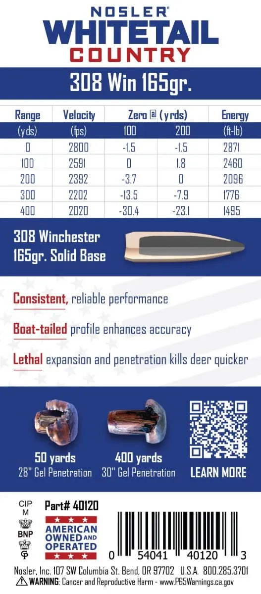 MUNITIONS NOSLER SOLID BASE® WHITETAIL COUNTRY™ – DISPONIBLES EN 30-06 SPRG, 30-30 WIN ET 308 WIN