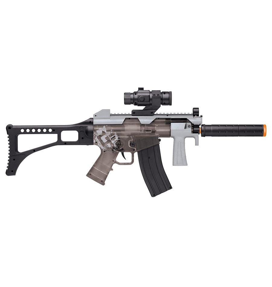 CROSMAN GFRPKTGS ELECTRIC FULL-AUTO RIFLE AND SPRING POWER WITH SAFETY GLASSES AND STARTER SET OF BBS, GREY / SMOKE