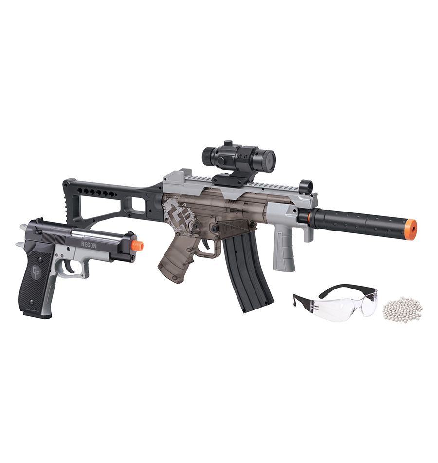 CROSMAN GFRPKTGS ELECTRIC FULL-AUTO RIFLE AND SPRING POWER WITH SAFETY GLASSES AND STARTER SET OF BBS, GREY / SMOKE
