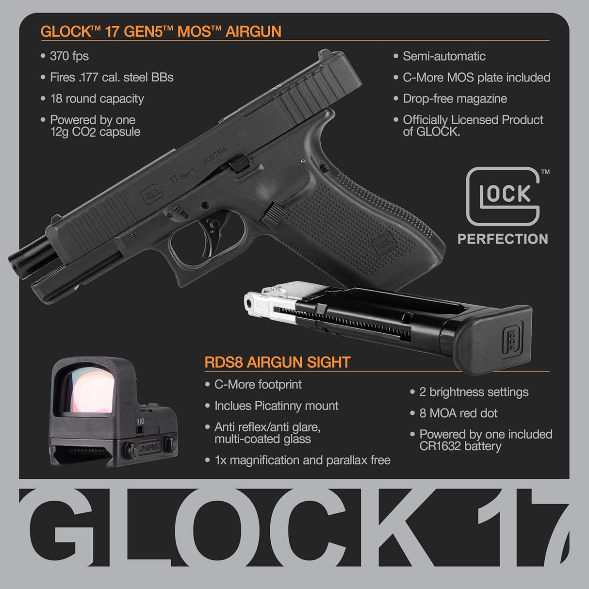 GLOCK G17 GEN 5 MOS AVEC OPTIQUE 390 FPS – AUCUN PERMIS REQUIS