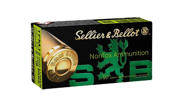 SELLIER & BELLOT NONTOX, PISTOL AMMUNITION, 9MM, 124 GRAIN, TOTAL FULL METAL JACKET, 50 ROUND BOX