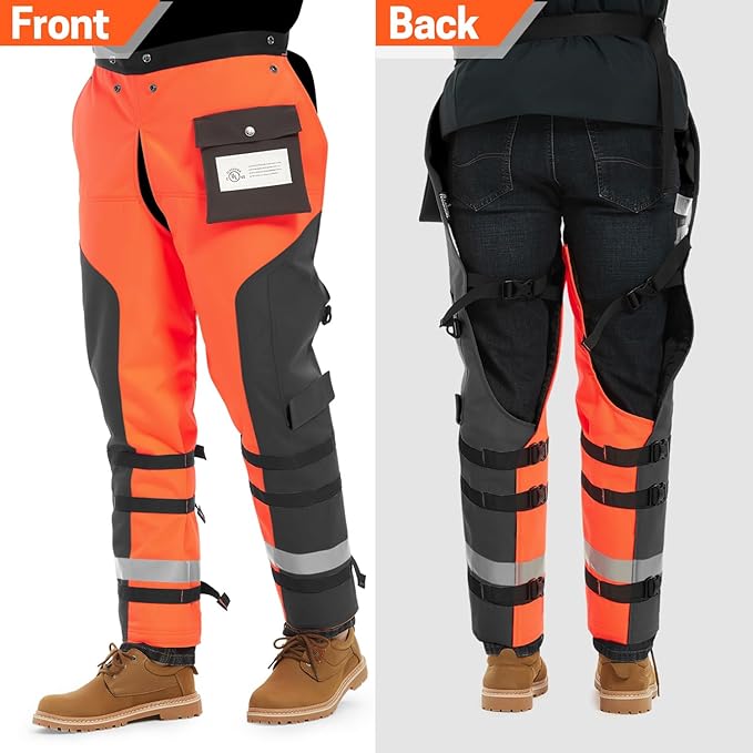 TECHNICAL CHAINSAW CHAPS, 8-LAYER CHAINSAW PROTECTION WRAP CHAP WITH POCKET & ADJUSTABLE BELT, HI-VIS PROTECTIVE CHAINSAW CHAPS - TWO SIZES AVAILABLE