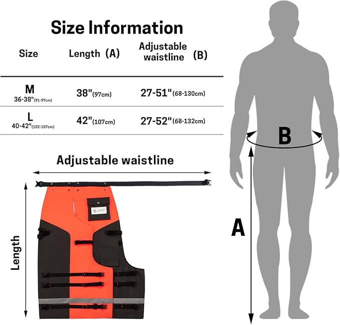 TECHNICAL CHAINSAW CHAPS, 8-LAYER CHAINSAW PROTECTION WRAP CHAP WITH POCKET & ADJUSTABLE BELT, HI-VIS PROTECTIVE CHAINSAW CHAPS - TWO SIZES AVAILABLE