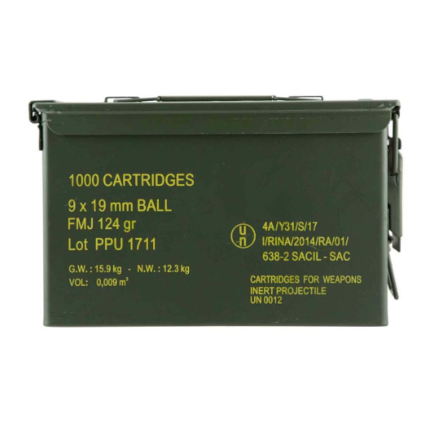 PPU PPRM9M RANGEMASTER PISTOL AMMO, 9MM NATO, FMJ, 124GR - GREEN AMMO CAN OF 1000 ROUNDS