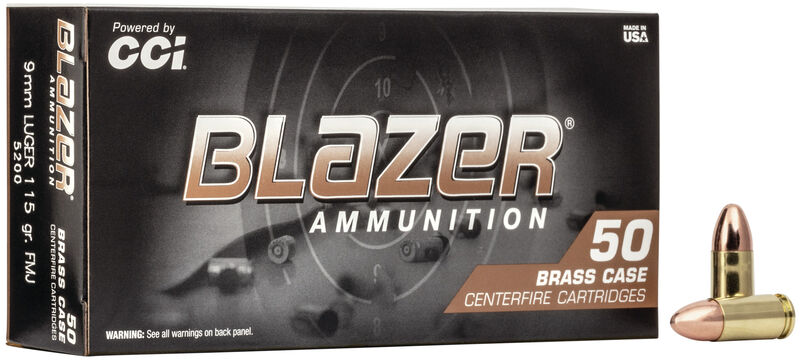 CCI BLAZER BRASS 9MM 115GR FMJ - BOX OF 50 RDS OR 1000 RDS