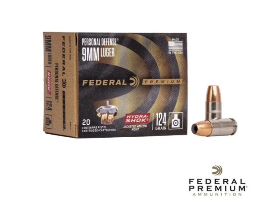 FEDERAL 9MM LUGER, 124 GR, JHP, HYDRA‑SHOK DÉFENSE PERSONNELLE – 20/BOÎTE