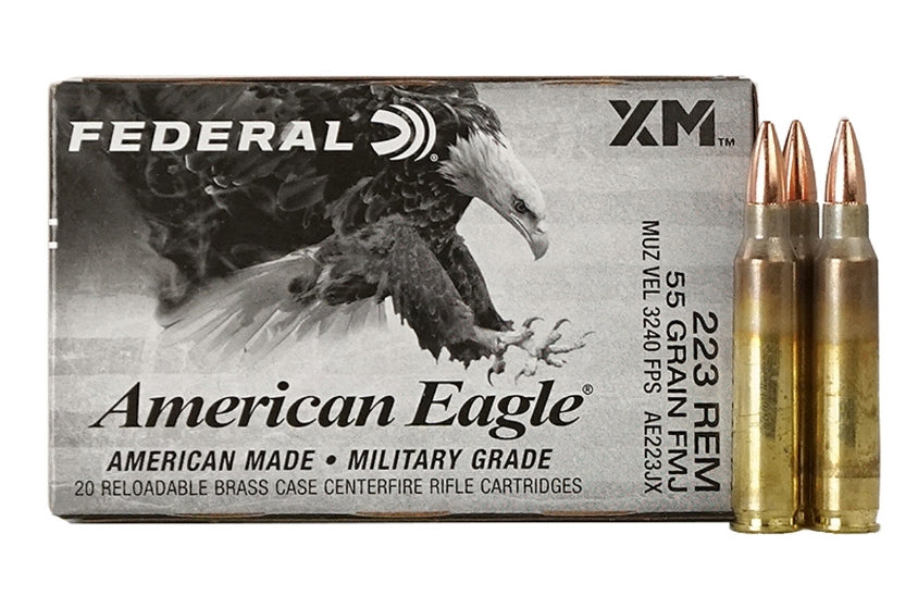 MUNITION FEDERAL AMERICAN EAGLE .223 REM, 55GR, FMJ, VITESSE À LA BOUCHE 3240 FPS, QUALITÉ MILITAIRE