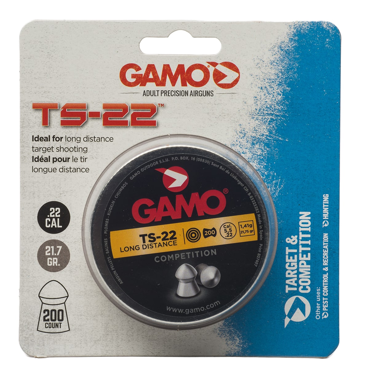 GAMO 632176854 TS-22 LONG DISTANCE AIRGUN PELLETS .22CAL TINS OF 200 - BLISTER PK