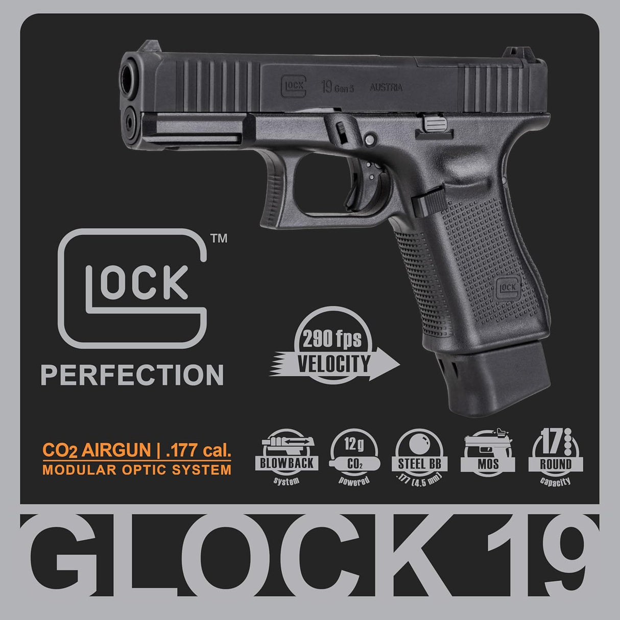 GLOCK G19 GEN 5 MOS BLACK CAL .177 PISTOLET CO2 290 FPS