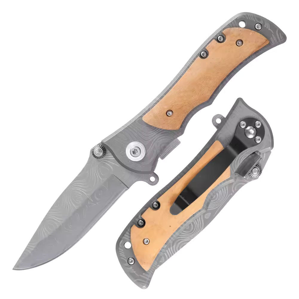 COLUMBIA FOLDING KNIFE SILVER TOPO PATTERN - WOOD GRIP