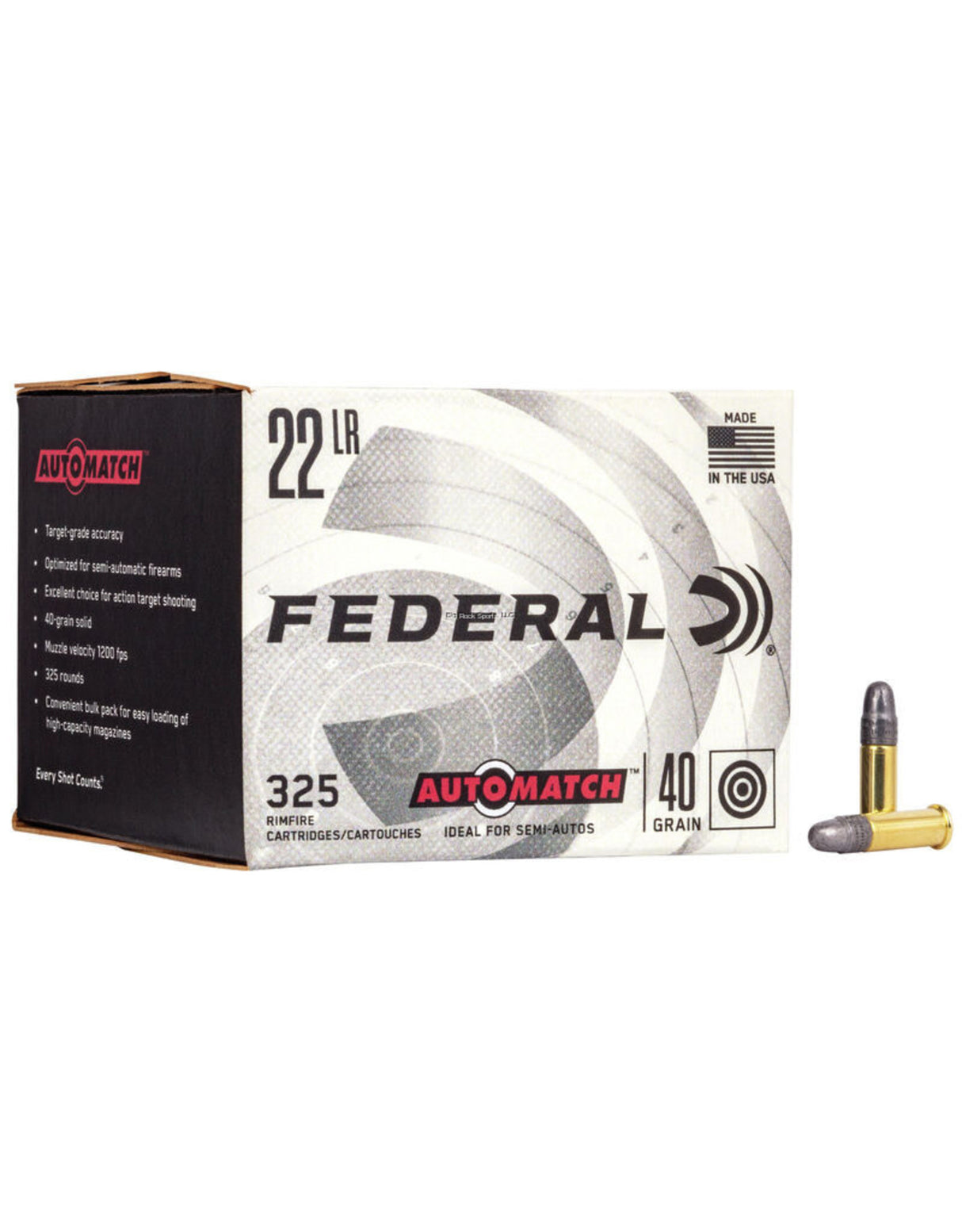 Champion fédéral AM22 Rimfire Rifle Munitions 22 LR, solide, 40 grains, 1200 ips, 325 tours / boîte