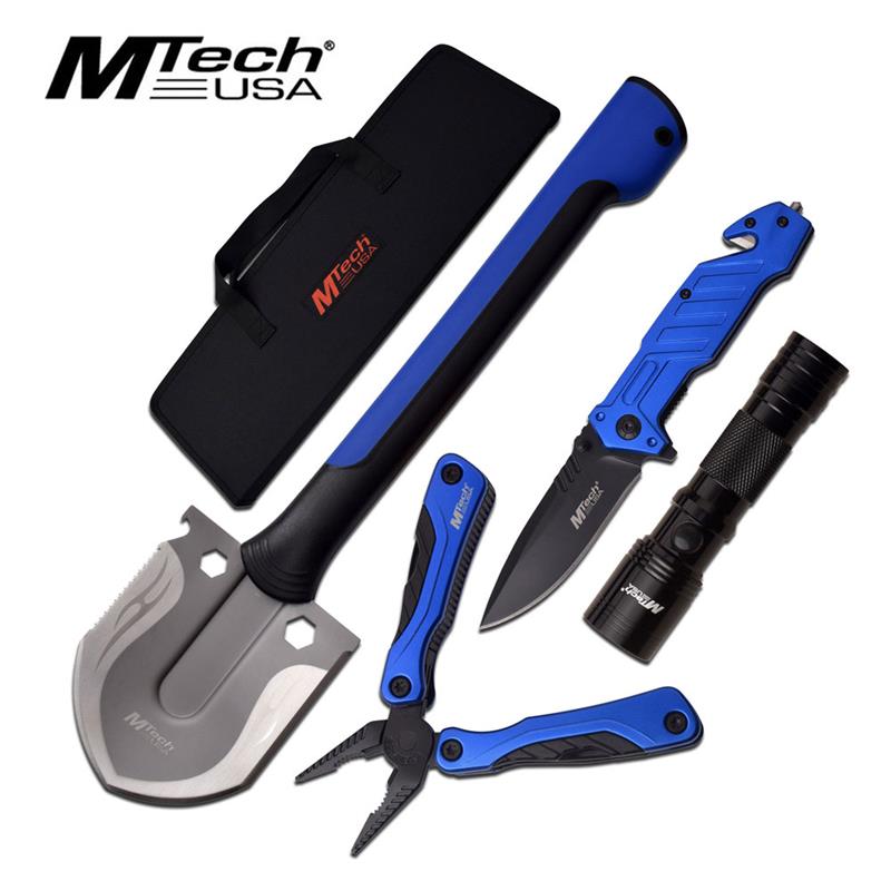 Mtech USA Kit de camping de survie à 4 objets avec couteau pliant tactique