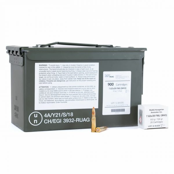 RUAG 7.62x39, 124GR, FMJ, 900 RDS / METAL AMMO CAN - NON-COROSSIVE - NO STEEL