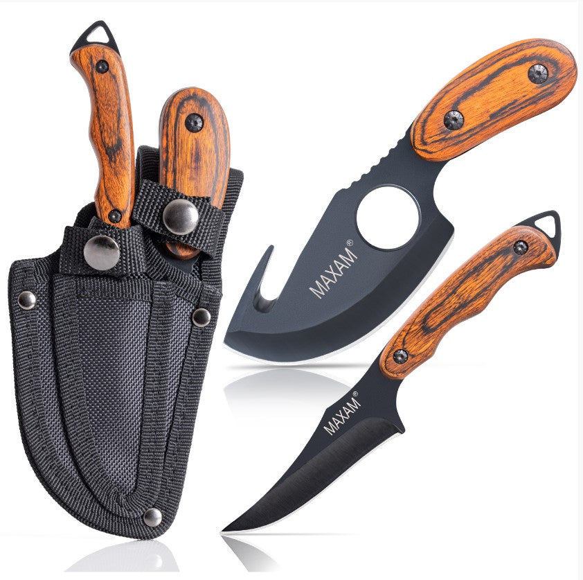 Maxam Fixed Blade Hunting Knife Set - 6 1/2" Skinning Knife & 7" Caping Knife for Outdoor, Tactical, Survival & EDC - Classic Wood Handles, Sheath & Black Coated Stainless Steel Blades - 2-Piece