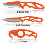 Maxam 3-Piece Field Dressing Kit - 8" Skinning Knife, 6 3/4" Caping Knife, 5" Gut Hook Knife, 1680d Nylon Sheath with Storage Pocket - Stainless Steel Handles & Blades, Hi Visibility Orange