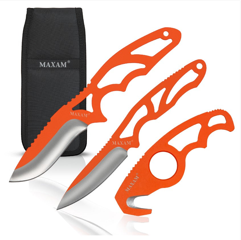 Maxam 3-Piece Field Dressing Kit - 8" Skinning Knife, 6 3/4" Caping Knife, 5" Gut Hook Knife, 1680d Nylon Sheath with Storage Pocket - Stainless Steel Handles & Blades, Hi Visibility Orange